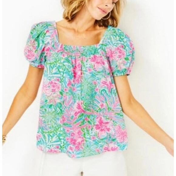 Lilly Pulitzer Tops - Lilly Pulitzer Keating Puff Sleeve Linen Top Amalfi Blue Leaf It Wild Size 4